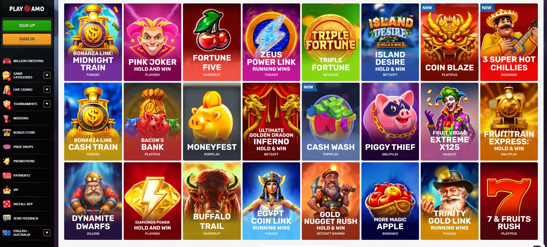 Playamo Slots Screen