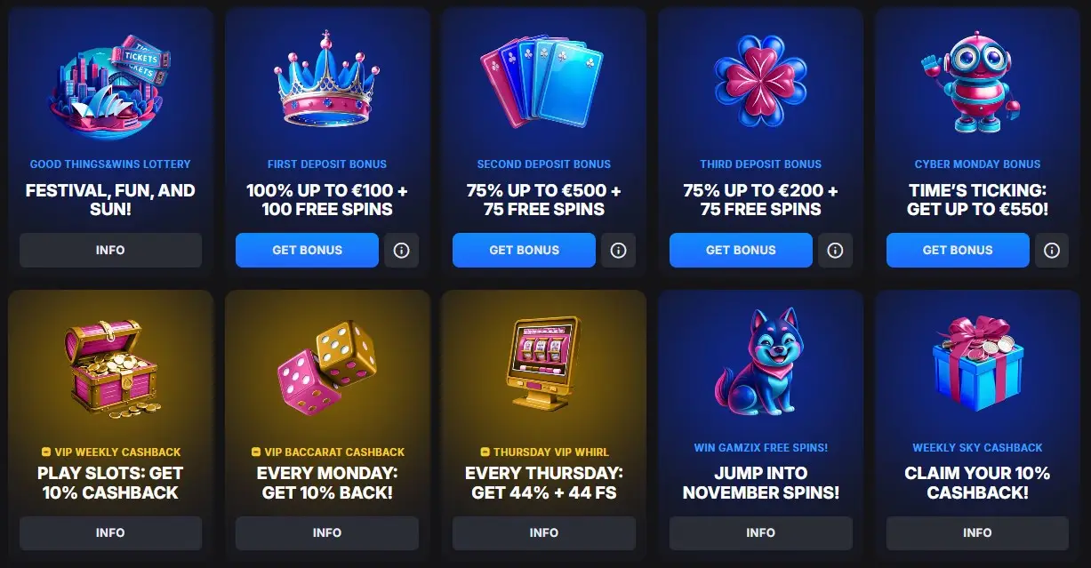 Claim SkyCrown Casino welcome bonus, free spins, and reload offers