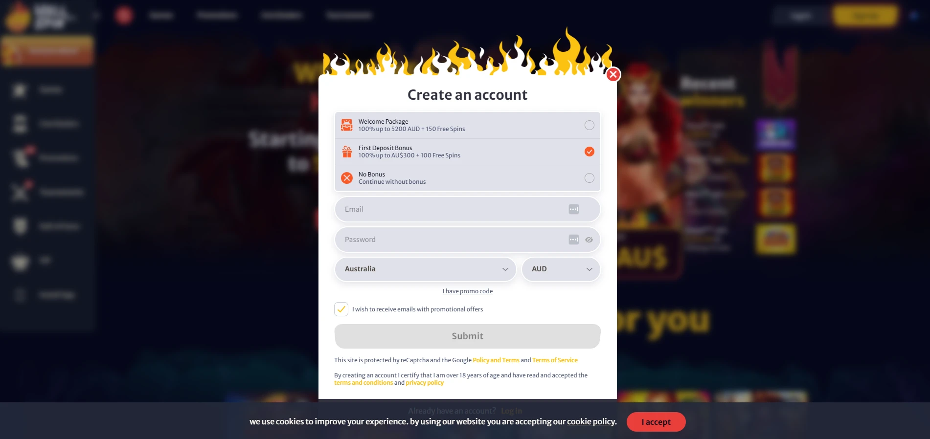 Hell Spin Casino registration page for Australian players