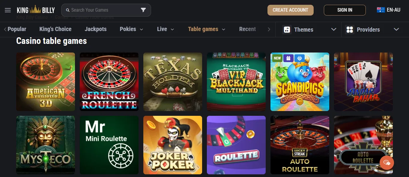 Popular casino games for Australian players at King Billy Casino