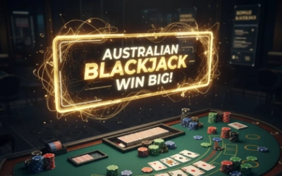 Blackjack bonus promotion for Australian online casino players – cards, chips, and glowing bonus sign.