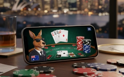 Mobile blackjack game on smartphone with cards and casino chips.