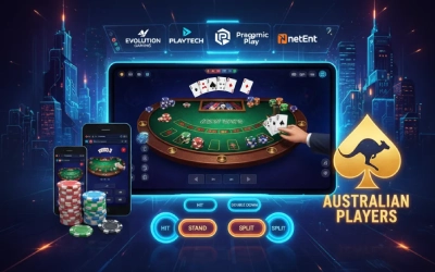 Top software providers for online blackjack in Australia, showing cards, chips, and digital casino interface.