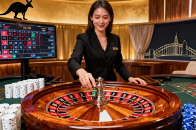 Live roulette dealer spinning the wheel for Australian players
