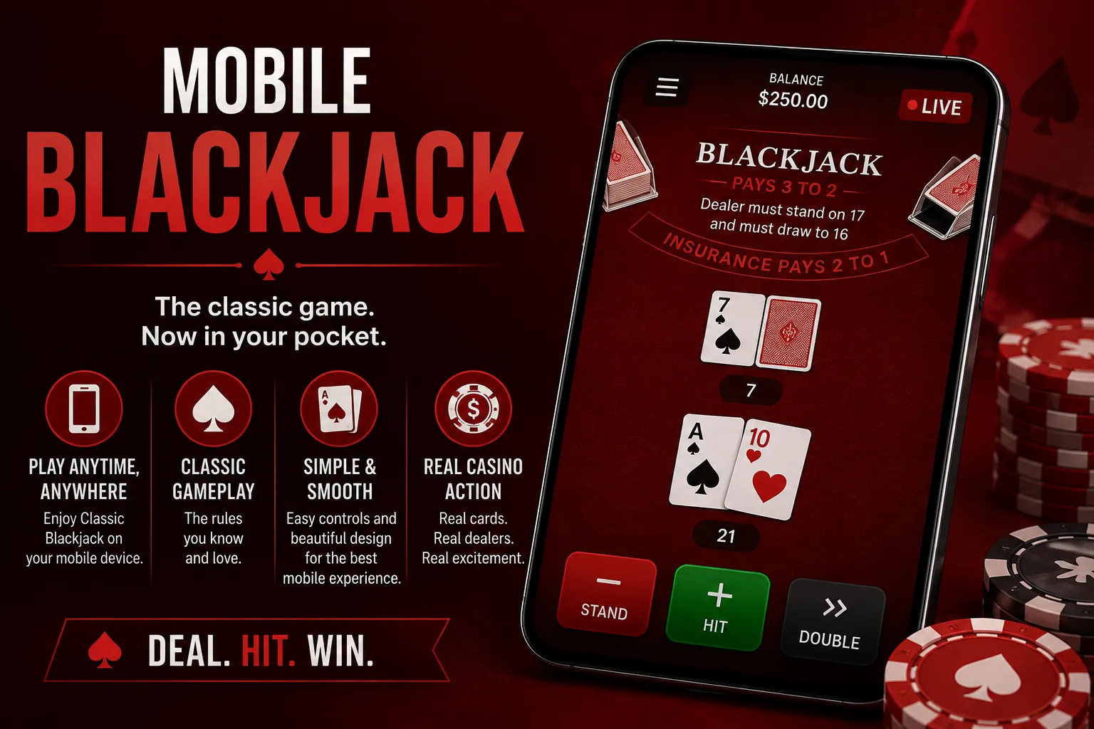 Mobile blackjack game on smartphone with cards and casino chips.