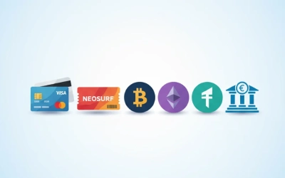 Illustration showing various Ricky Casino payment methods for Australian players, including cards, Neosurf, crypto, and bank options.