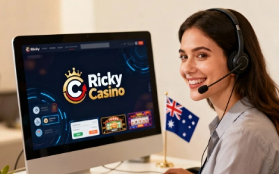 Realistic photo of a friendly female customer support agent helping an Australian player at Ricky Casino, with the casino logo visible, showing secure and approachable service.