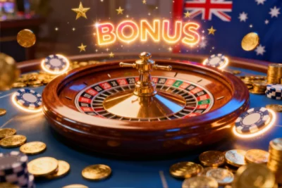 Roulette wheel with bonus chips and coins for Australian players