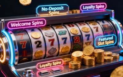 Realistic online casino interface showing various types of free spin bonuses