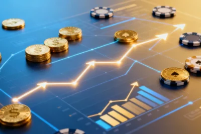 Abstract concept of casino bonus strategy with coins, poker chips, and glowing arrows symbolizing smart play