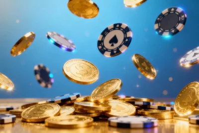 Abstract concept of online casino welcome bonus with floating coins and poker chips