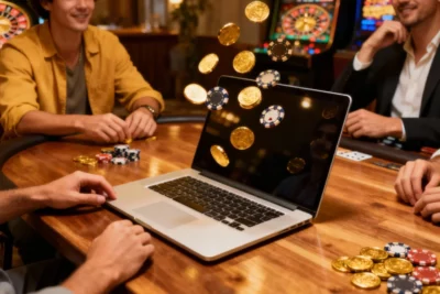 Australian players celebrating an online casino welcome bonus with coins and poker chips