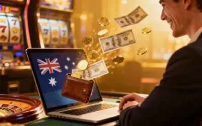 Australian player receiving cashback rewards while playing online casino games — golden coins returning to wallet, symbol of safe and rewarding play.