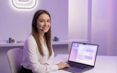 Customer support agent helping CrownSlots players via live chat in a modern, soft purple-themed setting.
