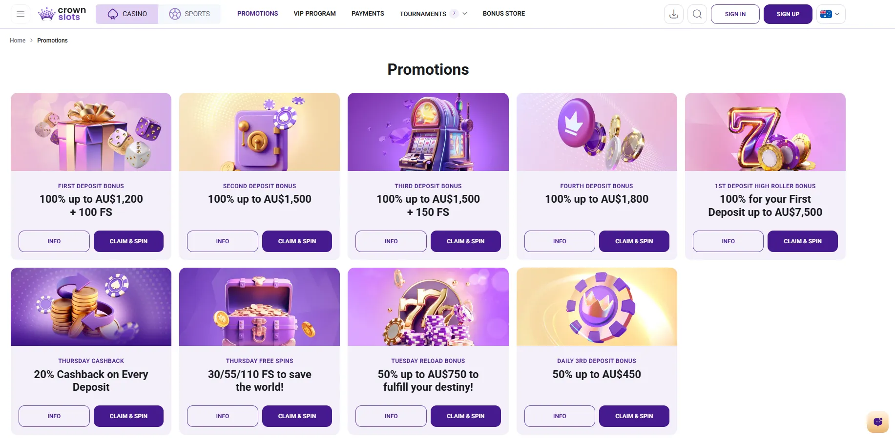 CrownSlots weekly promotions and reload bonuses for AU players