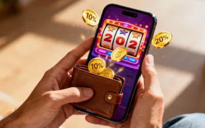Mobile cashback casino concept — player using smartphone with golden cashback icons and coins returning to wallet, symbolizing rewards for Aussie players.