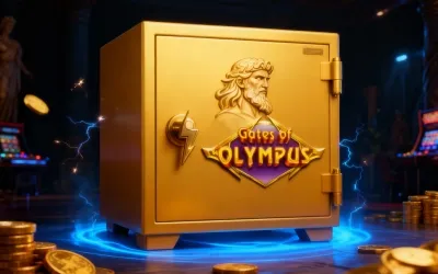Safe and responsible gambling — golden safe with Zeus’s lightning bolt and Gates of Olympus logo, symbolizing secure and mindful play
