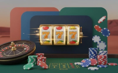 Realistic casino scene with slot reels, roulette wheel, poker chips, and subtle Australian-themed elements