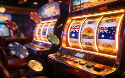 Realistic online casino scene with glowing slot reels, poker chips, and flying coins, featuring subtle Australian-themed elements