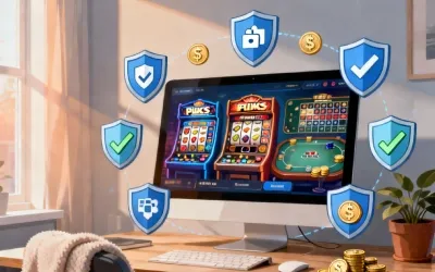 Safe online casino concept for Australian players, showing pokies and blackjack with security and responsible gambling icons.