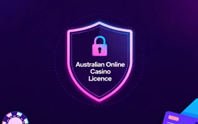 Online casino licence badge with security shield in dark purple theme