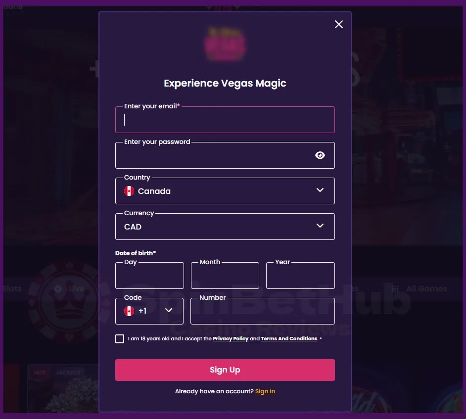 Online casino registration window in dark purple theme