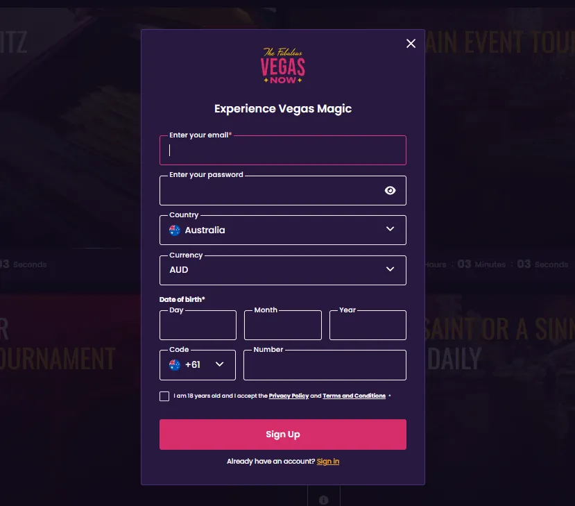 Online casino registration window in dark purple theme