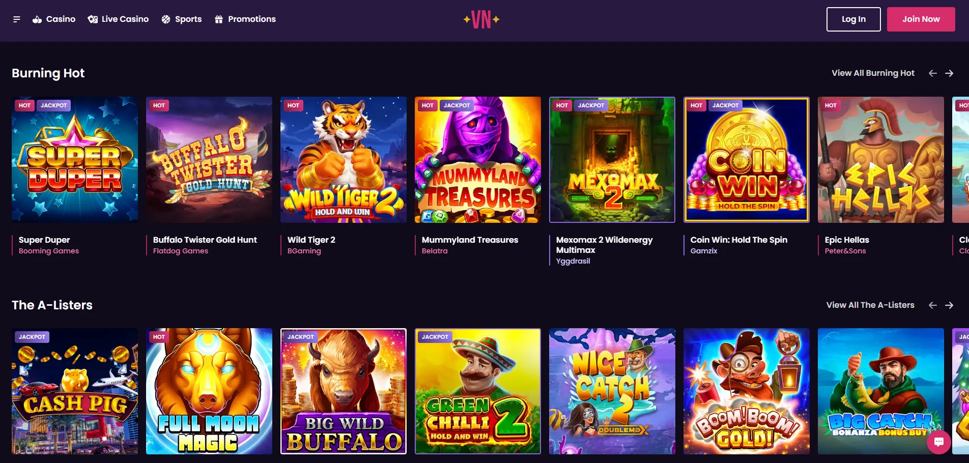 Top online pokies selection at Vegas Now Casino for Australian players – popular slot games, reels, and colourful casino graphics.