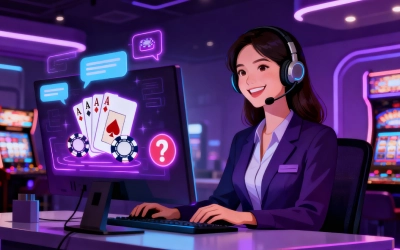 Female customer support agent in a dark purple casino-themed setting, wearing a headset and assisting players online.
