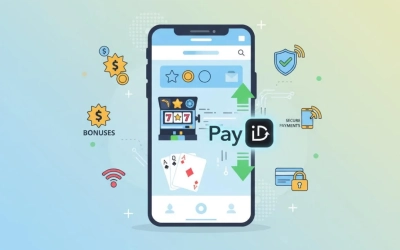 Abstract illustration of PayID online casino in Australia, showing secure, fast deposits, mobile-friendly interface, and digital casino elements like pokies and cards