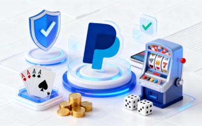 Abstract illustration of a secure PayPal casino with shield and casino icons