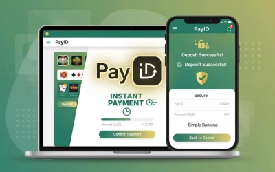 Abstract illustration of PayID deposit at an Australian online casino, showing fast and secure payment on mobile and desktop.