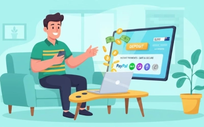 Australian player seeing a declined payment at an online casino on laptop or smartphone, bank card with red cross, e-wallet and crypto icons in background, clean and friendly style.