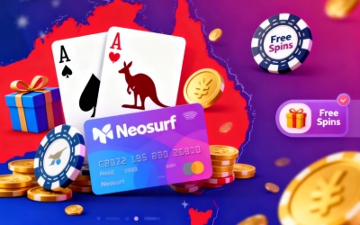 Colorful Australian online casino scene with Neosurf prepaid card, casino chips, cards, coins, and bonus icons like free spins and gift boxes