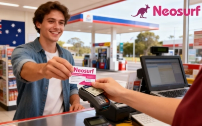 Person buying a Neosurf prepaid voucher at an Australian convenience store, holding the card with cash or card payment