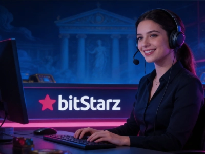 BitStarz Casino customer support female agent headset logo dark blue and pink