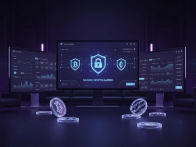 Dark purple banner showing secure online casino elements with a shield, coins, poker chips, and crypto symbols, representing trust, safety, and reliability for Australian players.