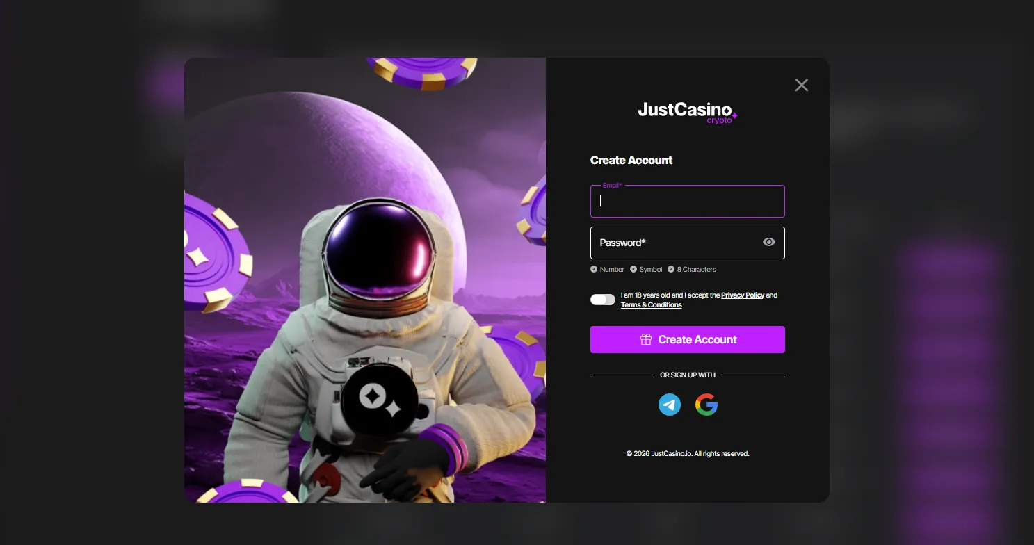 Registration at JustCasino for Australian players via website, Google, or Telegram.