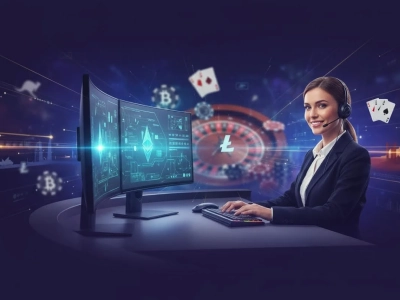 Female casino support operator with headset, dark purple theme, representing fast and trusted help for Australian players.
