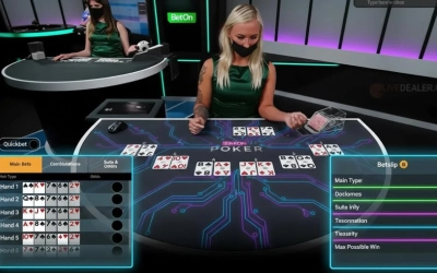 Live online poker game on screen with dealer, players’ hands, and poker chips, showing real-time gameplay