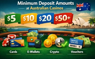 Minimum deposit amounts at Australian online casinos infographic with payment methods and casino theme.