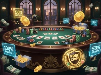 Poker table with cards, chips, and visual elements representing bonuses, free chips, and promotions for Australian online poker