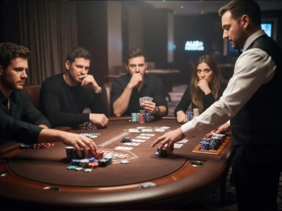 Realistic poker table with cards, chips, and dealer hands showing Australians playing real money poker