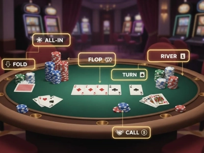 Poker table with cards and chips showing key poker terms and glossary icons for Australian online players