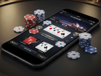 Smartphone displaying an online poker game with cards and chips, showing mobile poker gameplay in Australia