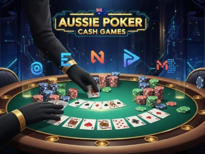Online poker scene with cards, chips, and dealer hands representing top software providers in Australia