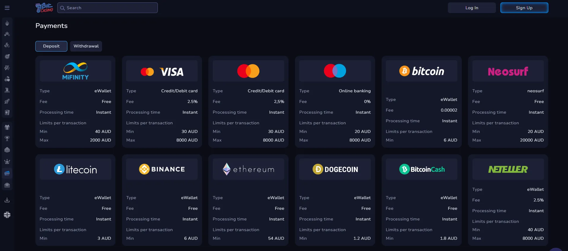 7Bit Casino Australia payment options, AUD deposits, Bitcoin, Ethereum, USDT, fast crypto withdrawals.