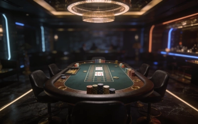 Poker table scene, cards and chips, cinematic lighting, realistic style, no text, no logos.