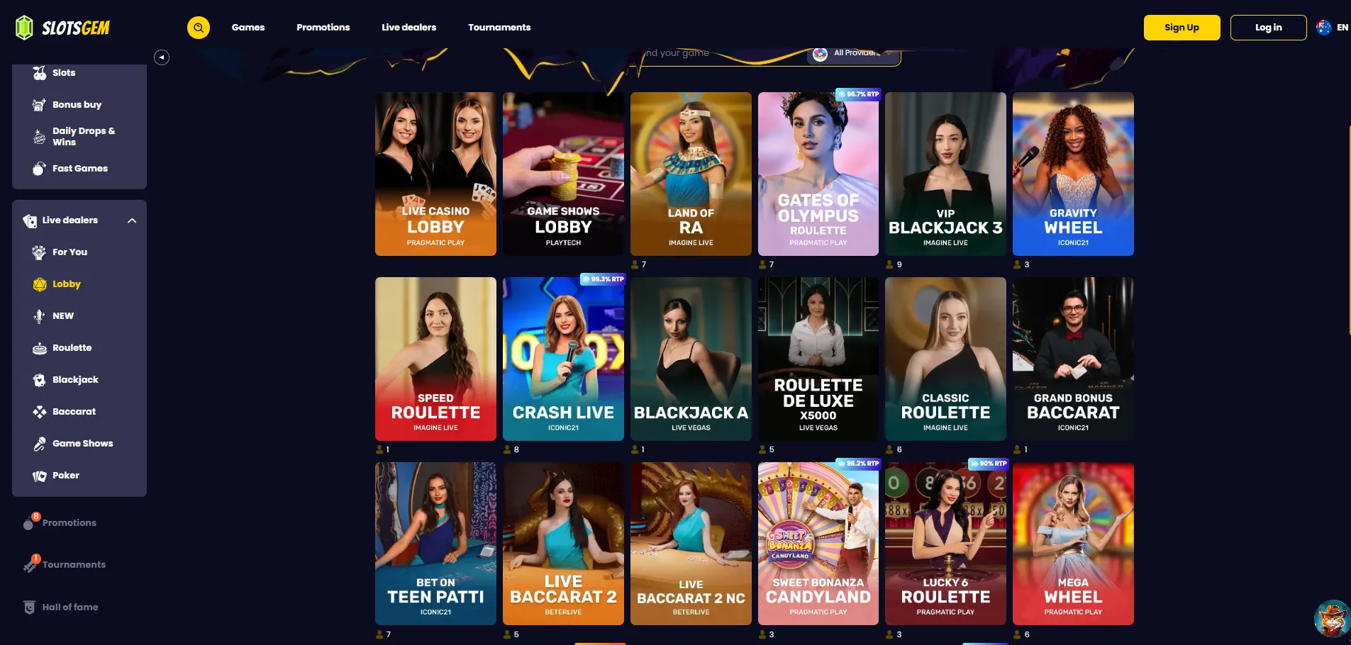 Online casino games selection at SlotsGem Casino with various game types for Australian players