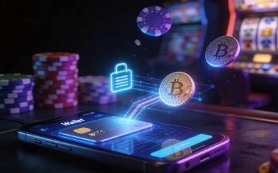 Crypto casino deposit process illustration showing secure blockchain transaction from wallet to online casino.